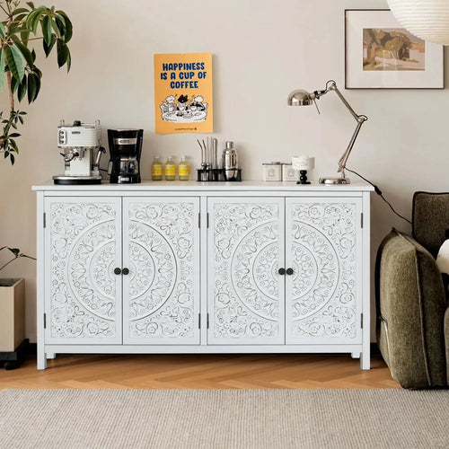 60 White Accent Cabinet With 4 Doors, Rustic Wood Sideboard Pantry Cabinet - Versatile Buffet Cabinet With Storage For Home Decor And Organization Chic Cabinet Coastal calm home decor