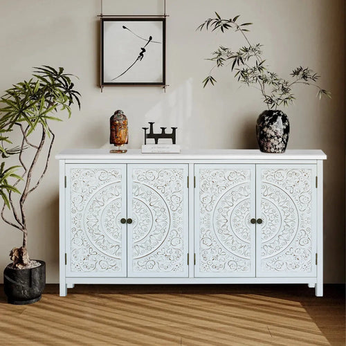 60 White Accent Cabinet With 4 Doors, Rustic Wood Sideboard Pantry Cabinet - Versatile Buffet Cabinet With Storage For Home Decor And Organization Chic Cabinet Coastal calm home decor